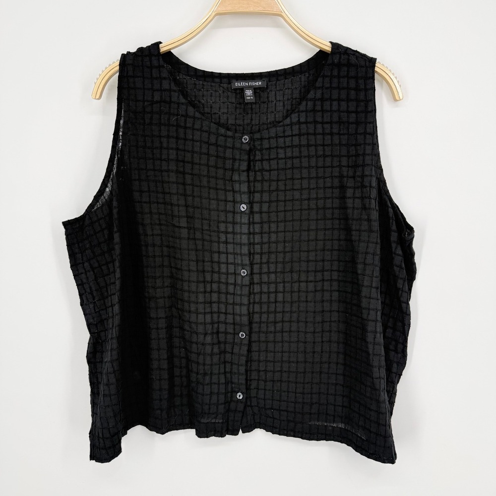 Eileen Fisher Tank Top Womens XL Black Excellent Textured Grid Button Front